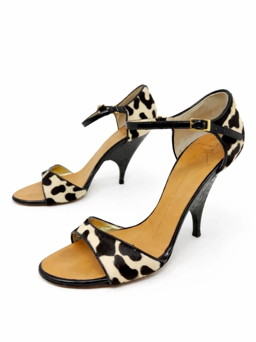 Giuseppe Zanotti Black White Pony Hair Ankle Strap Heels Womens Size 7.5